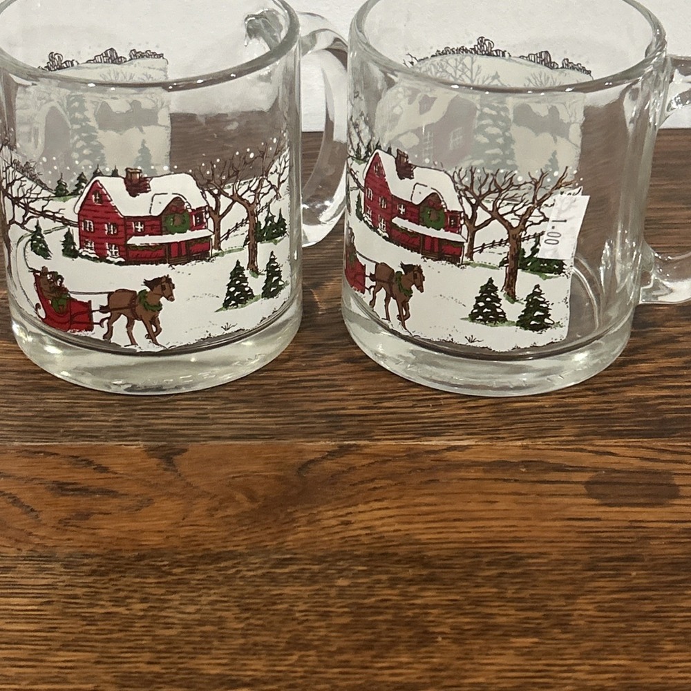 Vintage Libbey Glass Winter Village Snow Scene Coffee Mug Made in USA Set of 2‎
